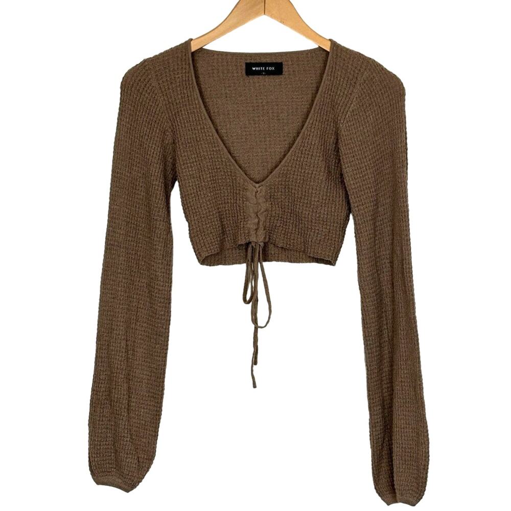 White Fox Cropped Balloon Sleeve  Neutral Minimalist Sweater NEW Size Small